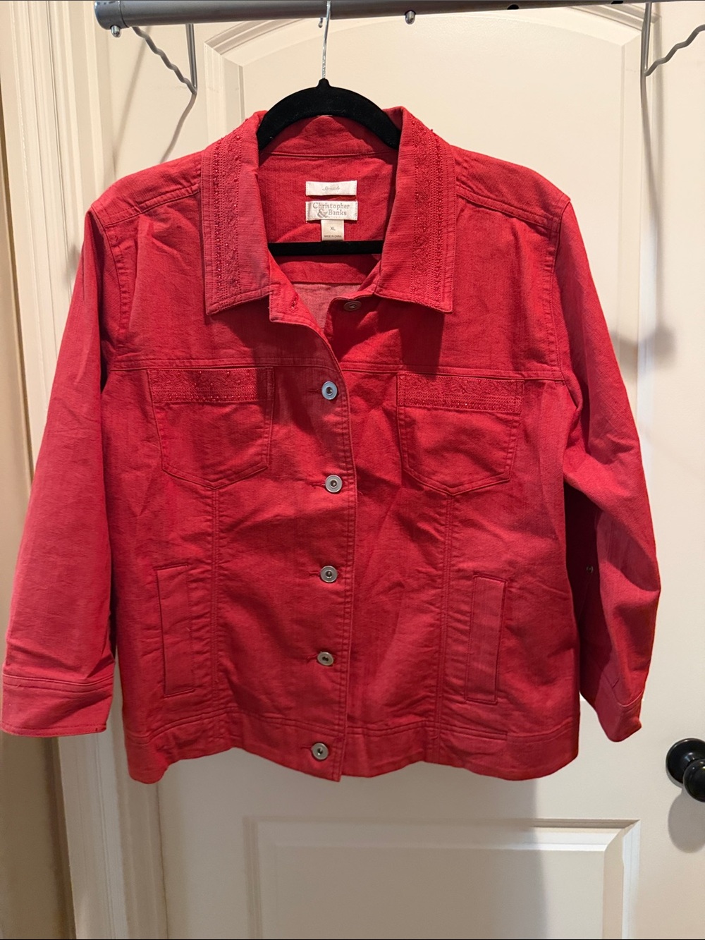 Christopher & Banks Red Button-Front Jean Jacket